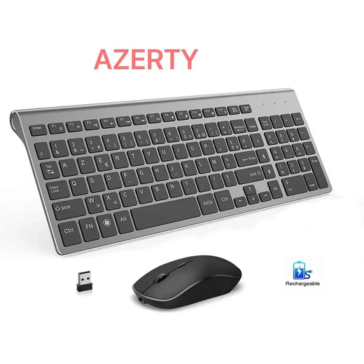 Combo de teclado e mouse sem fio, 2.4G recarregável AZERTY Keyboard Set, ergonômico para computador, Mac, PC, laptop, TV