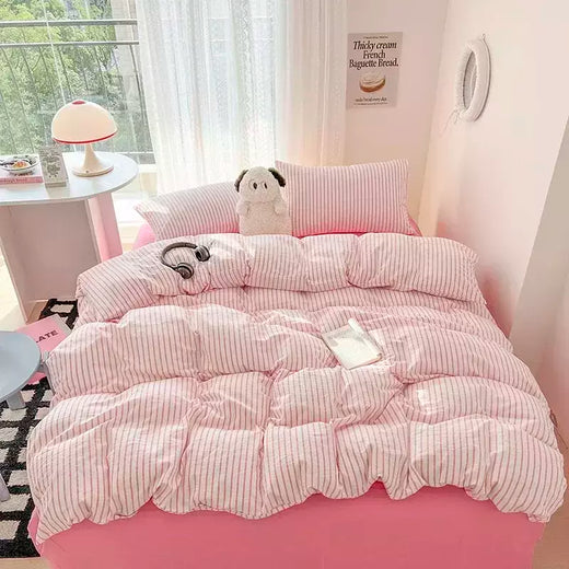 Conjunto de cama simples Pink Stripe para adultos e crianças, lençol de algodão lavado, fronha, roupa de cama completa Queen, conjunto de capa de edredão, sem enchimento