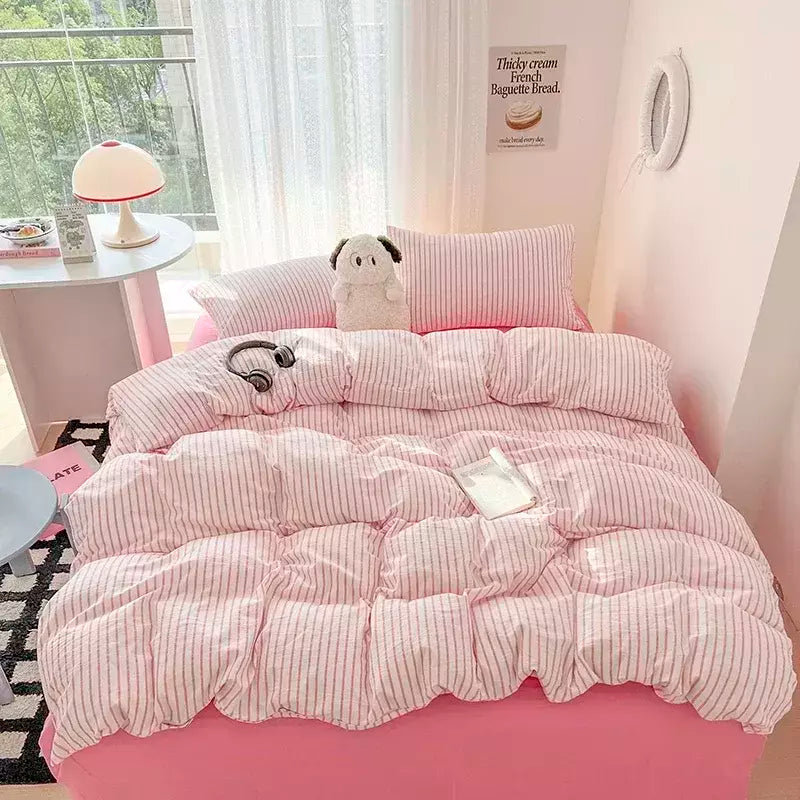 Conjunto de cama simples Pink Stripe para adultos e crianças, lençol de algodão lavado, fronha, roupa de cama completa Queen, conjunto de capa de edredão, sem enchimento