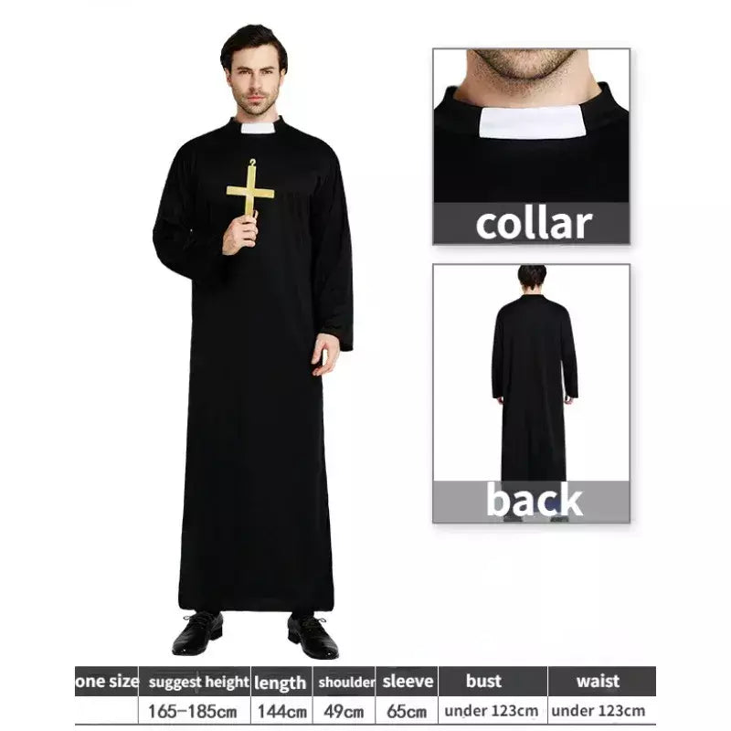 Adultos todo preto robe padrinho role play traje com cruz pastor missionários traje de halloween desempenho palco