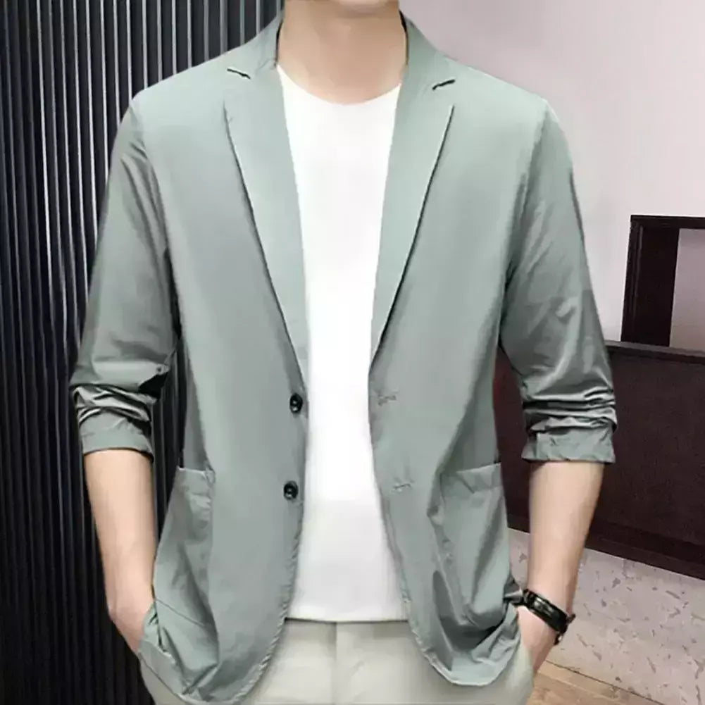 Blazers de negócios monocromáticos masculinos, blazers slim fit, botões duplos, lapela, mangas 3/4, terno de deslocamento, casaco do noivo