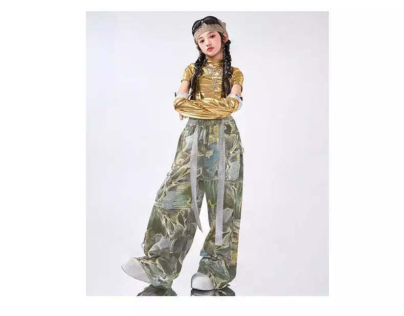 Girls Hip Hop Shiny Golden Crop Top Patchwork Jeans Pants Kids Streetwear Child Jazz Girl Group Costumes K-pop Retro Clothes Set