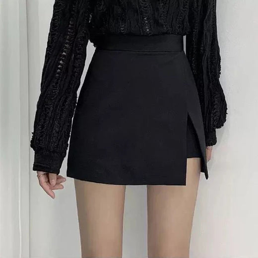 Mini saias pretas femininas, fenda lateral irregular, cintura alta, shorts linha A, saias femininas de verão, envoltório chique do quadril, moda coreana