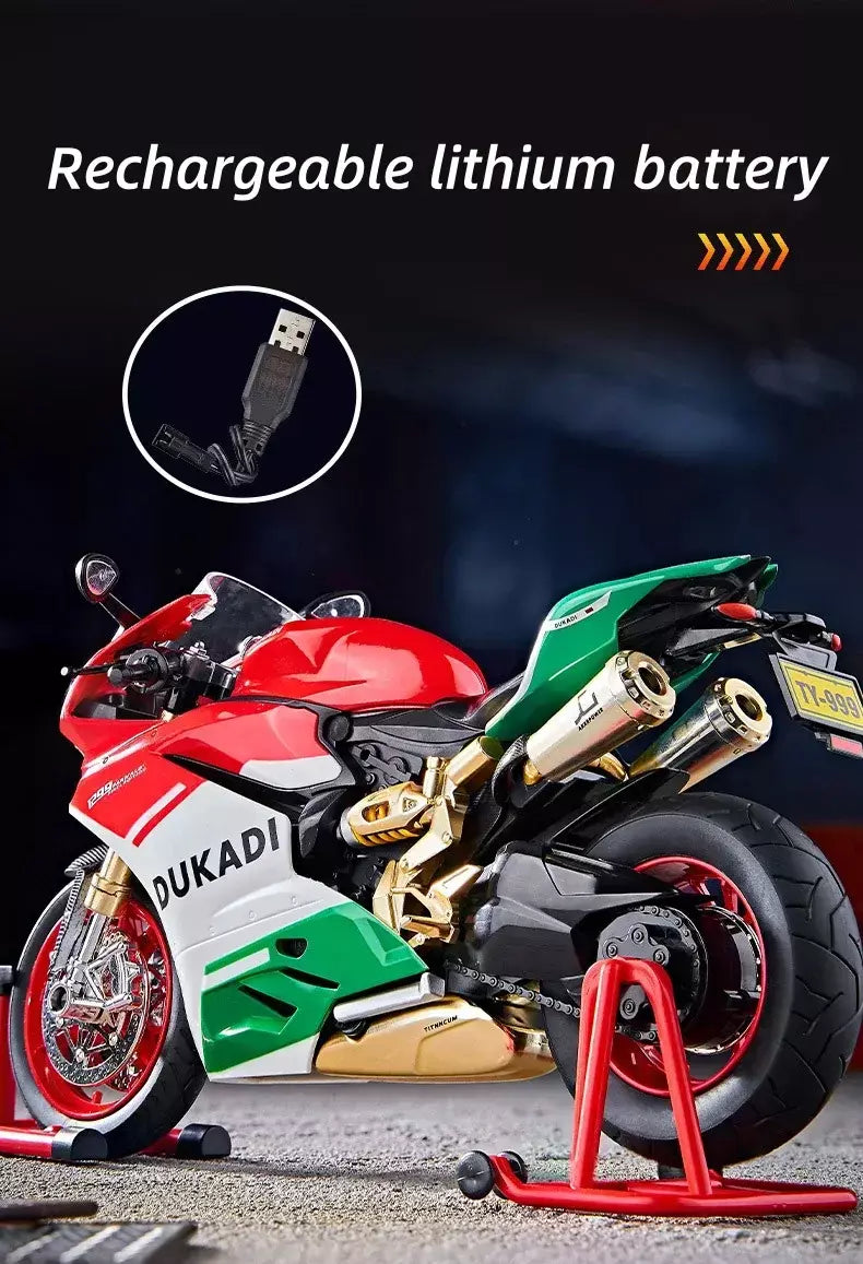 Chave começo 1:9 1199 panigale liga esportes modelo de motocicleta diecast pista corrida modelo de motocicleta com spray som luz crianças brinquedos