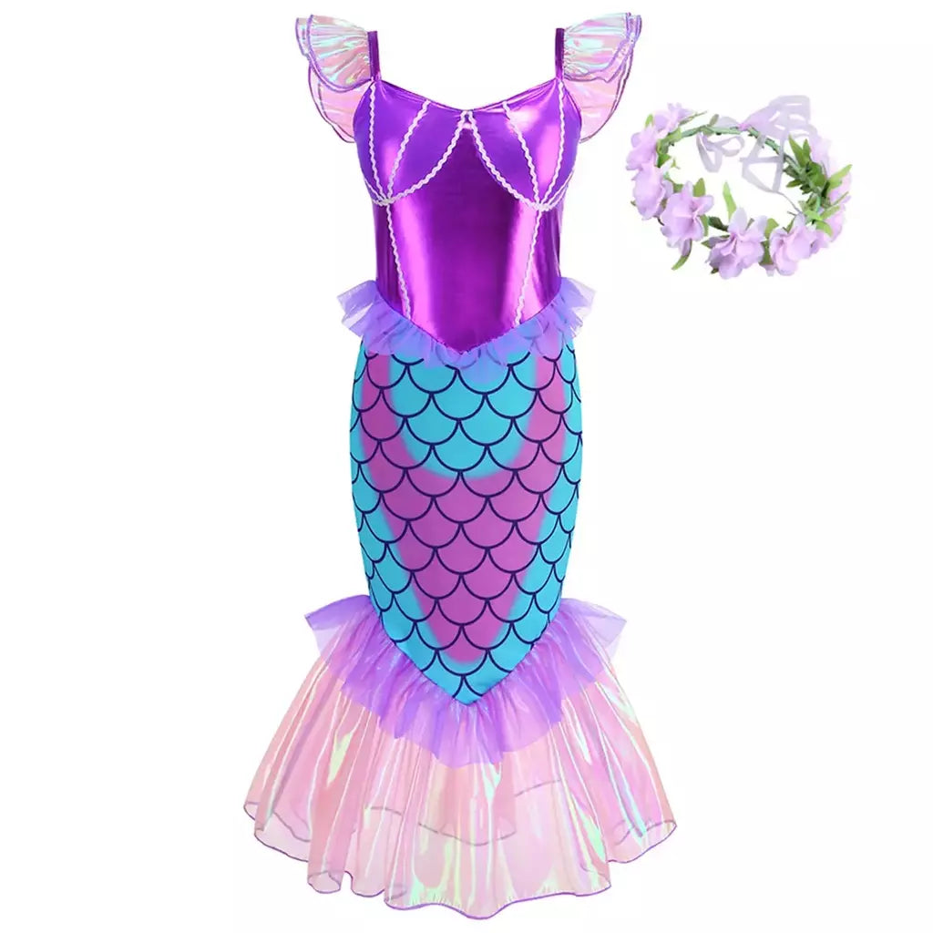 Meninas roxo-azul sereia ariel cosplay vestido de halloween vestido de festa de aniversário meninas praia vestido de férias