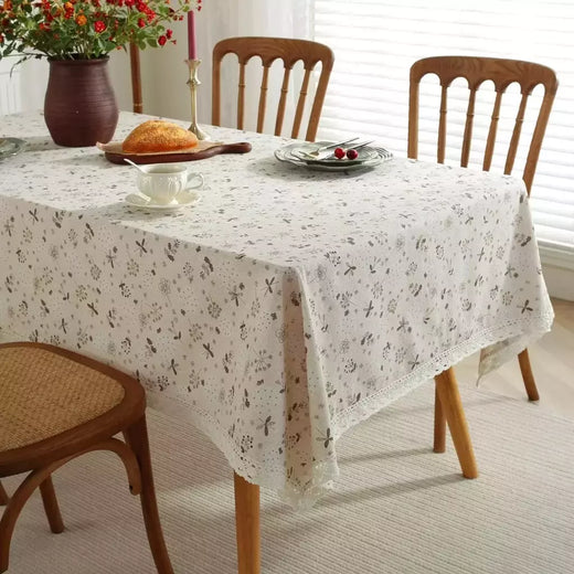 Toalha de linho de algodão vintage com padrão floral, toalha de mesa com borla, tampa lavável para jantar, piquenique