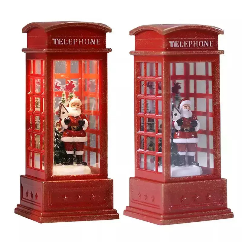 Vintage vermelho luminoso telefone cabine lanterna, árvore de Natal, boneco de neve, Papai Noel estatueta, telefone cabine decoração