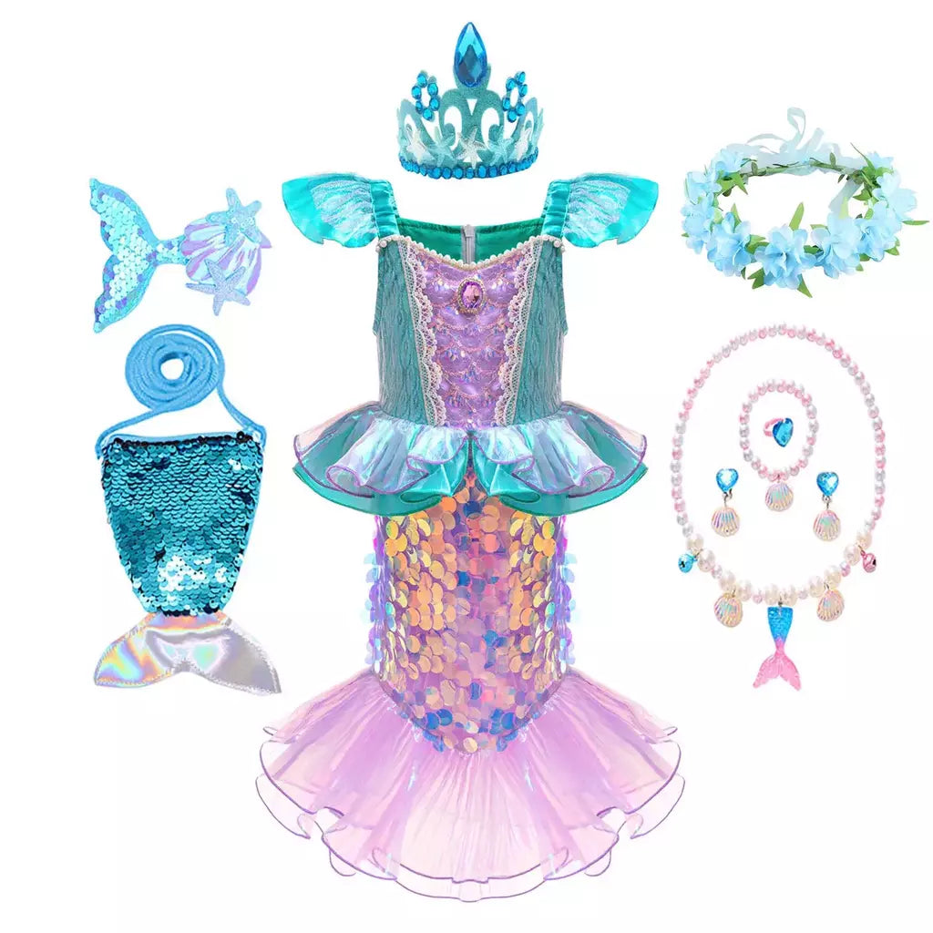 Meninas escala roxa princesa sereia ariel cosplay vestido de halloween vestido de festa de aniversário meninas verão praia vestido de férias