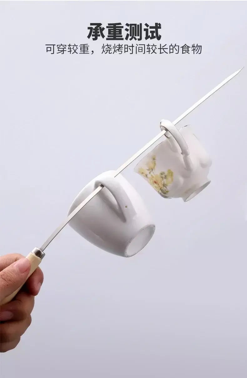 5/10 peças espetos de churrasco anti-escaldante com cabo de madeira podem ser reutilizados 304 espetos de churrasco de metal de aço inoxidável espetos largos