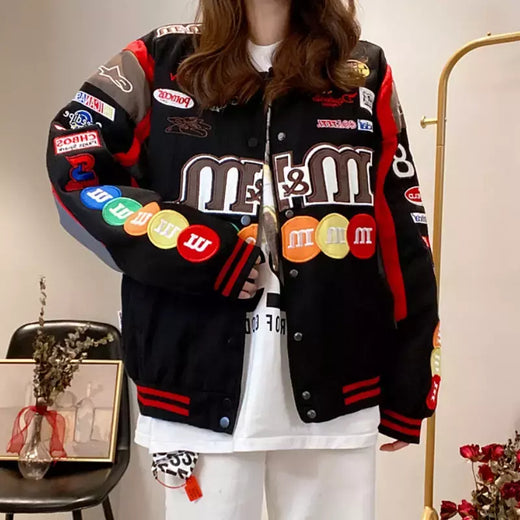 Sobretudos bordados para mulheres, uniforme de beisebol, jaqueta solta, casacos vintage, estampa de motocicleta, moda, outono e inverno