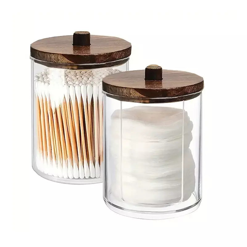 Suporte para almofada de algodão, 2 peças, frascos de banheiro, organizador de caixa de armazenamento, armazenamento de almofada de algodão com tampa de bambu, durável, à prova de poeira