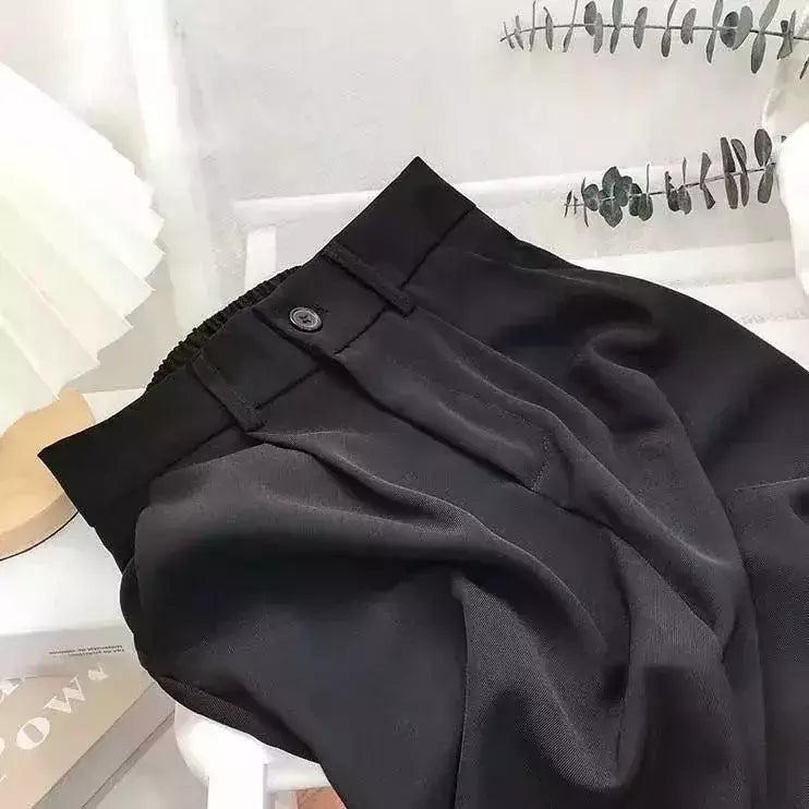 Calça feminina elástica de cintura alta, calça feminina do escritório, casual solta streetwear, reta, preta, nove pontos, moda, outono, primavera