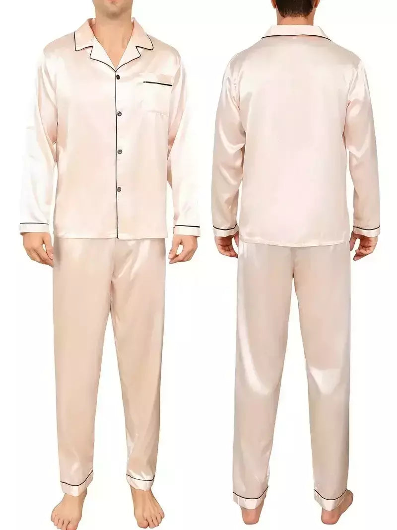 Conjunto de pijama com cardigã de manga comprida masculino, monocromático, lapela, casual, roupa de casa simples, pijamas, plus size, juventude, outono, inverno, 2 peças, conjunto