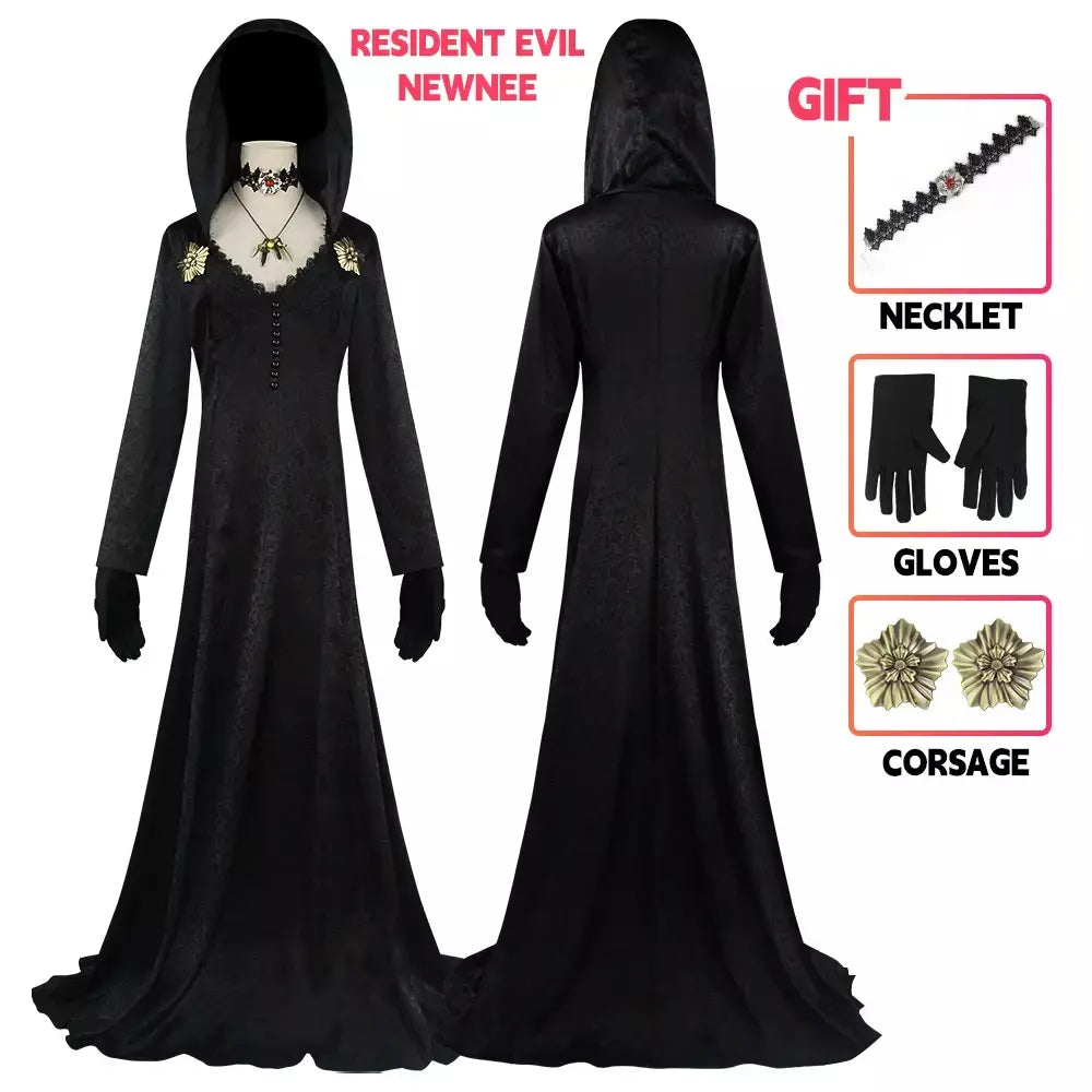 Em estoque traça senhora mal cosplay fantasia aldeia vampiro senhora dimitrescu traje feminino vestido preto halloween carnaval festa terno
