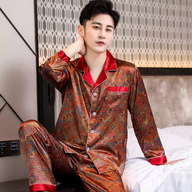 Conjuntos de pijama masculino de cetim de seda manga comprida, pijamas masculinos, camisola estampada, Casa, Soft Cozy Sleepwear Calças, Novo