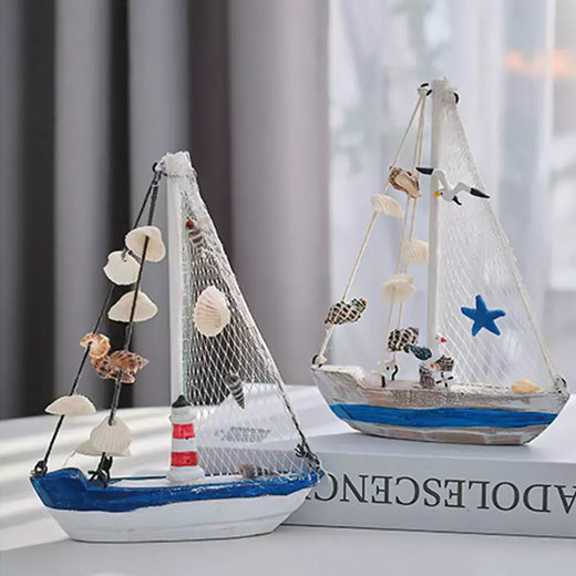 Modelo de barco a vela de madeira estilo mediterrâneo, artesanato ornamentos, acessórios de decoração para casa, decoração da sala, presentes 19cm