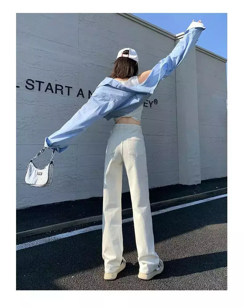 Calça jeans branca de perna larga feminina, com pernas retas, calça casual na moda, ajuste solto, emagrecedor, elegante, nova, 2024