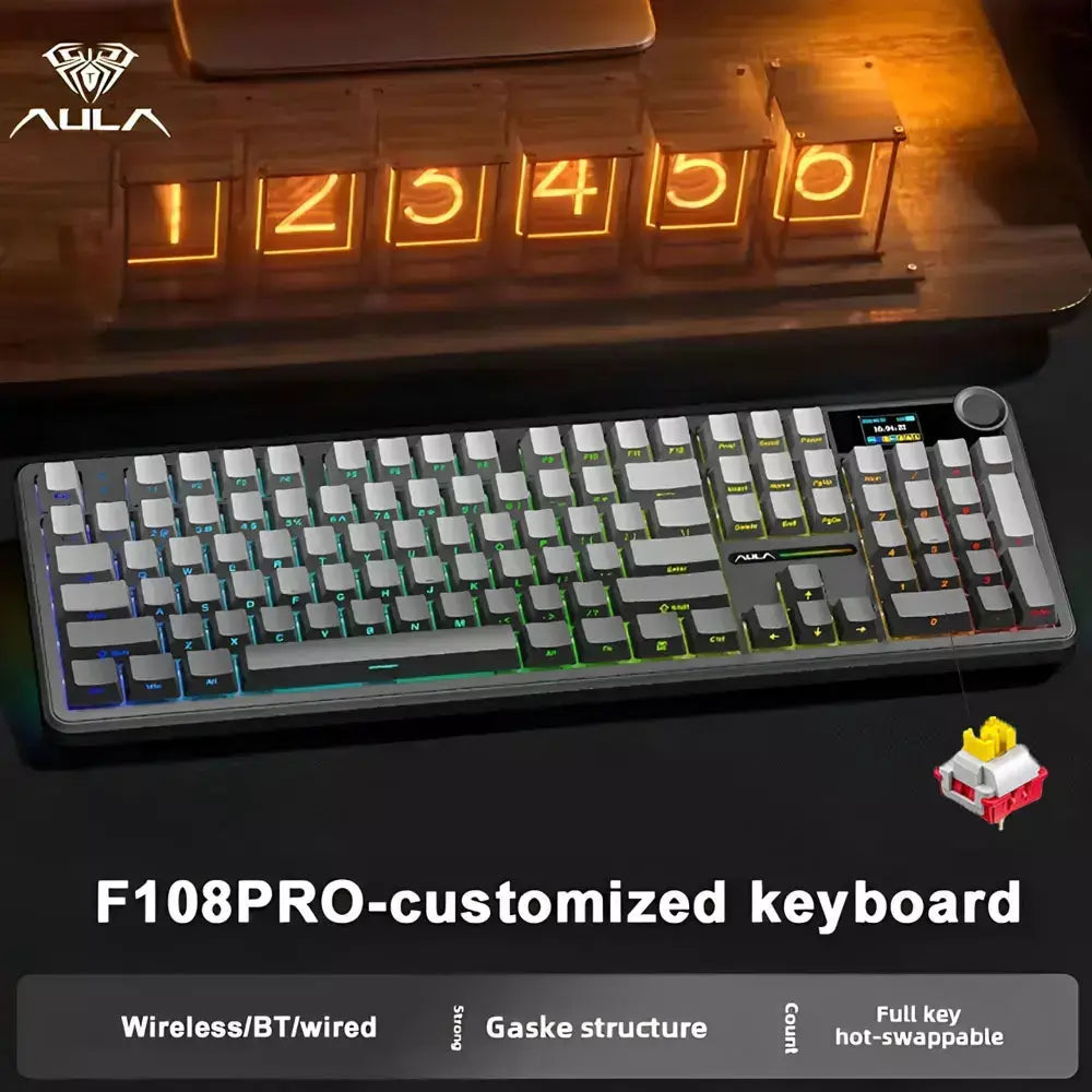 AULA F108 Pro Gaming Mecânico Teclado Tri Mode Personalizado Multi-Pulha Tela RGB Esports Teclado Sem Fio com TFT Smart Display