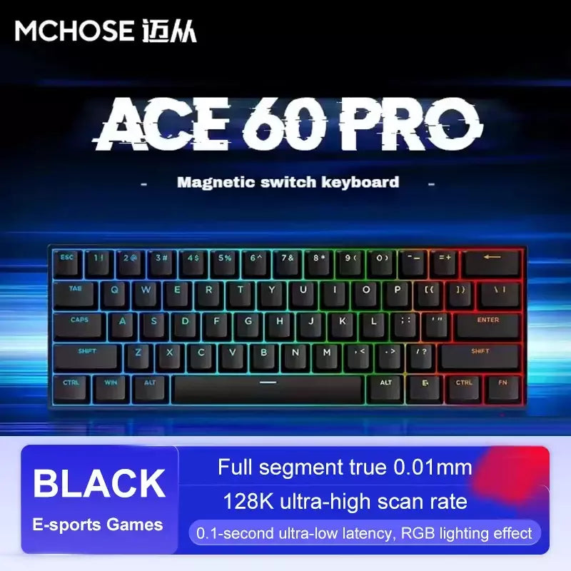 MCHOSE ACE68 ACE60 Pro Teclado magnético com fio mecânico para jogos 0,01 mm RapidTrigg 8000 Hz SOCD/Rs 0,125 ms 128 K Taxa de amostragem