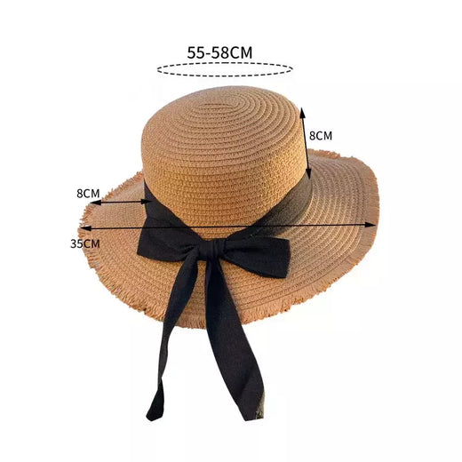 Chapéu de palha com laço feminino, aba larga, top macio, proteção solar, acessórios de praia, verão