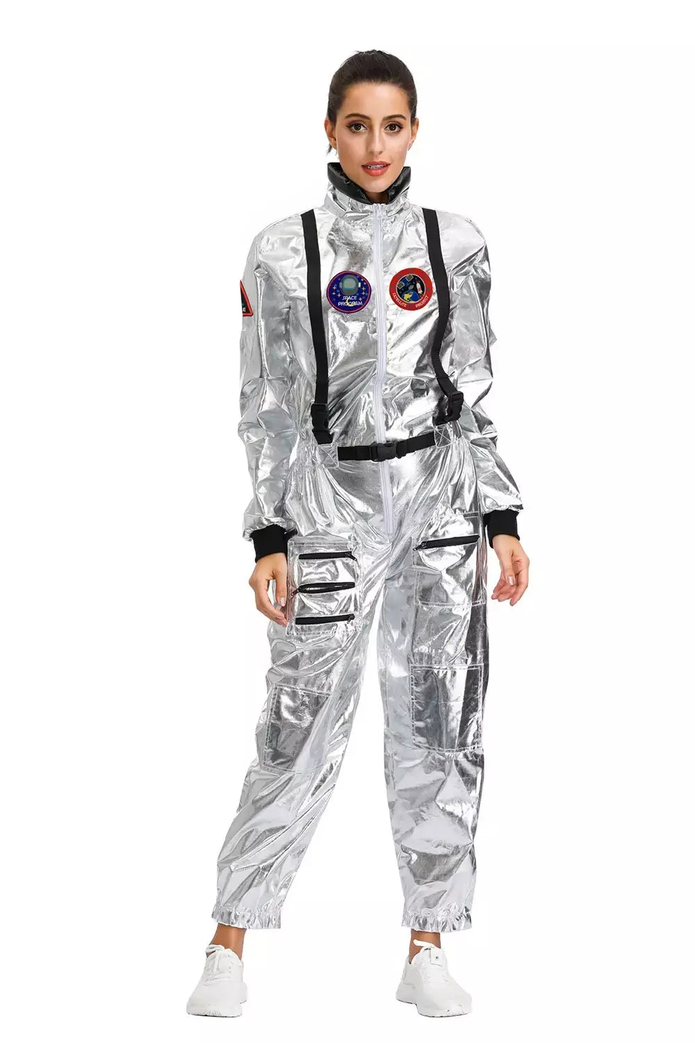 Adulto prata astronauta traje das mulheres dos homens spaceman terno espaço macacão halloween cosplay festa vestir-se