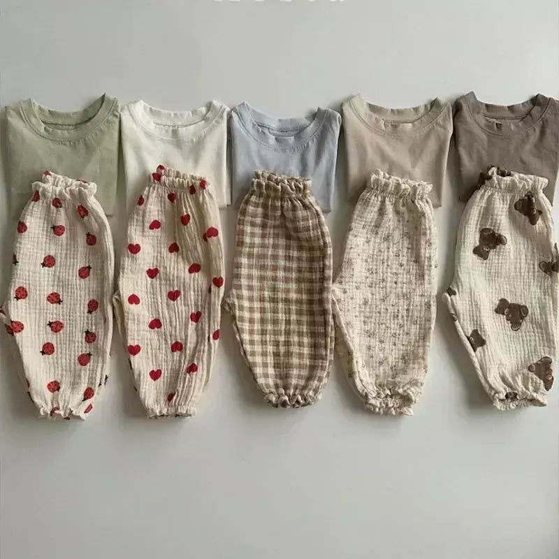 Calças de bebê de algodão orgânico recém-nascidos outono primavera verão inverno bonito impressão macia musselina roupas calças pantalons capris