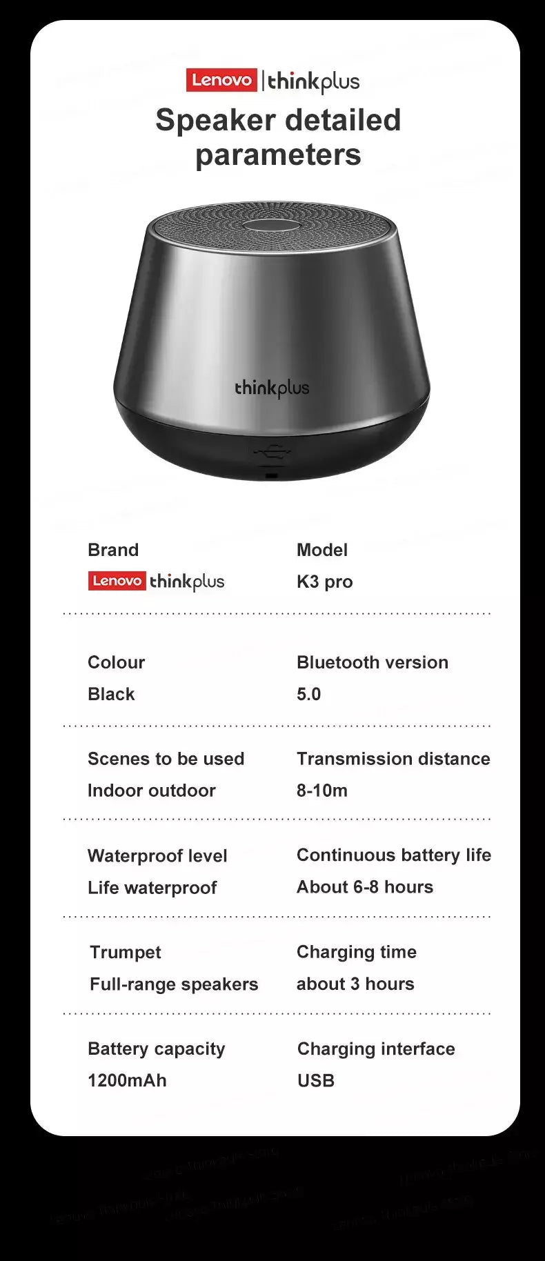 Original lenovo k3 pro bluetooth v5.0 alto-falante grande áudio com som de graves profundos ao ar livre soundbox música portátil acampamento alto-falante