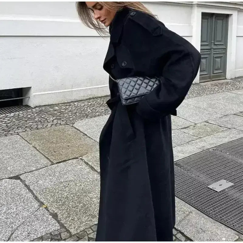 Trench coat maxi oversized feminino com lapela entalhada com cinto duplo breasted vintage streetwear 2025 tendência casual casacos diários