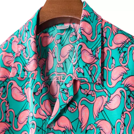 Camisa de praia de manga curta masculina, tops florais soltos, roupa de secagem rápida, estampa havaiana flamingo, férias à beira-mar