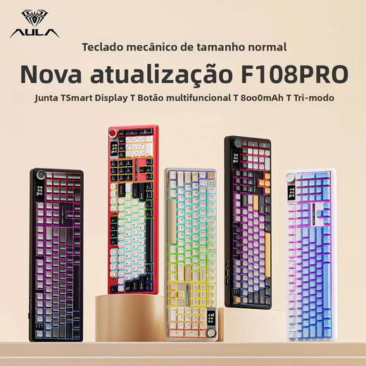 AULA F108 pro Teclado sem fio Bluetooth Macro Gaming teclado Junta Hot-swap Teclado de tamanho completo com display inteligente TFT