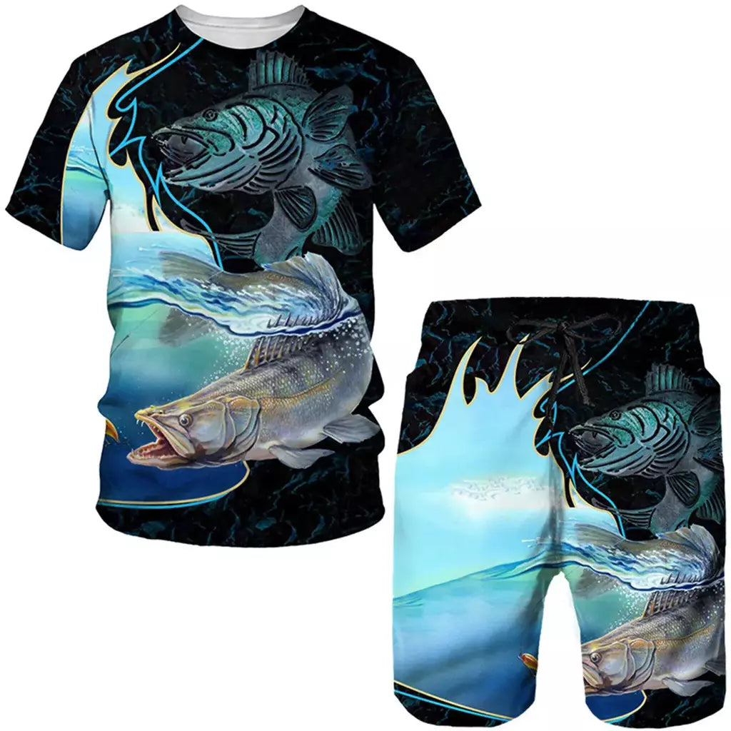 Conjuntos de 2 peças de camisetas e shorts com estampa 3D, trajes camuflados de pesca masculinos, agasalhos casuais, roupa de grandes dimensões, roupas masculinas