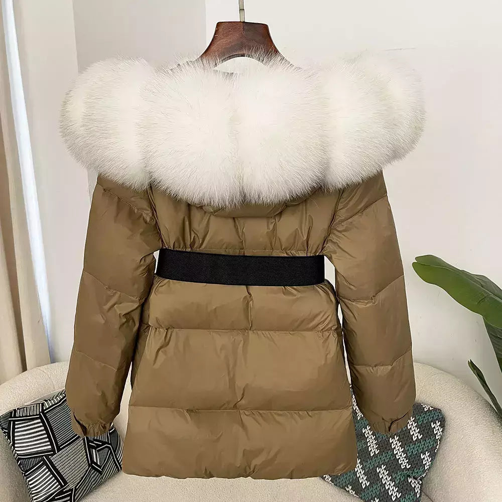 Oftbuy 2024 jaqueta de inverno feminina gola de pele de raposa natural real com capuz grosso quente 90% pato branco para baixo casaco feminino streetwear casual