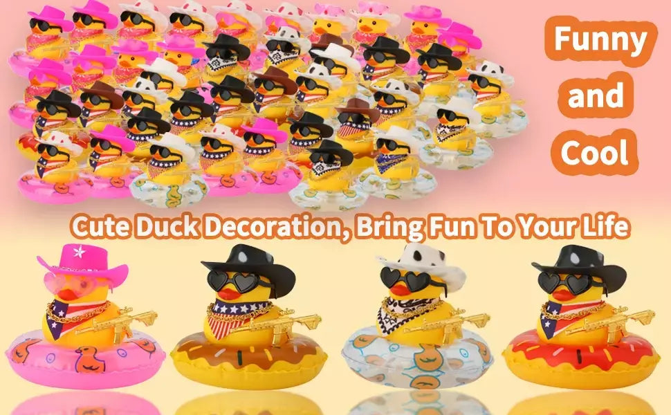 Pato de borracha com arma para decoração de painel de carro, brinquedo de pato estridente, patos de cowboy amarelos, ornamento de carro, acessórios divertidos