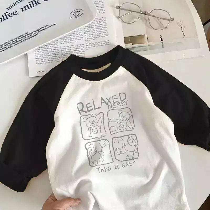 T-shirt de manga comprida para menino e menina, top de algodão puro, design cartoon, novo outono e inverno