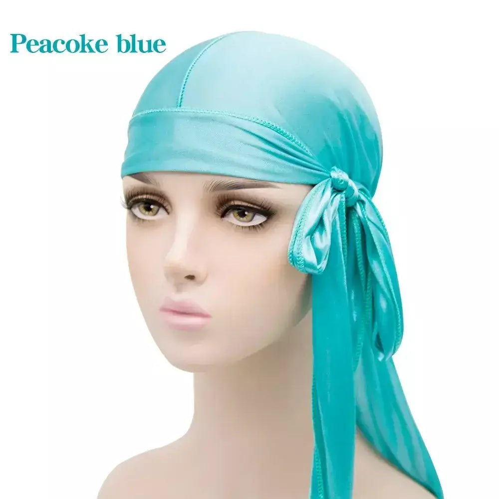 Elasticidade baotou boné faixas de cabelo simulação sedosa durag cauda longa chapéu pirata bandana turbante para crianças criança fita acessórios
