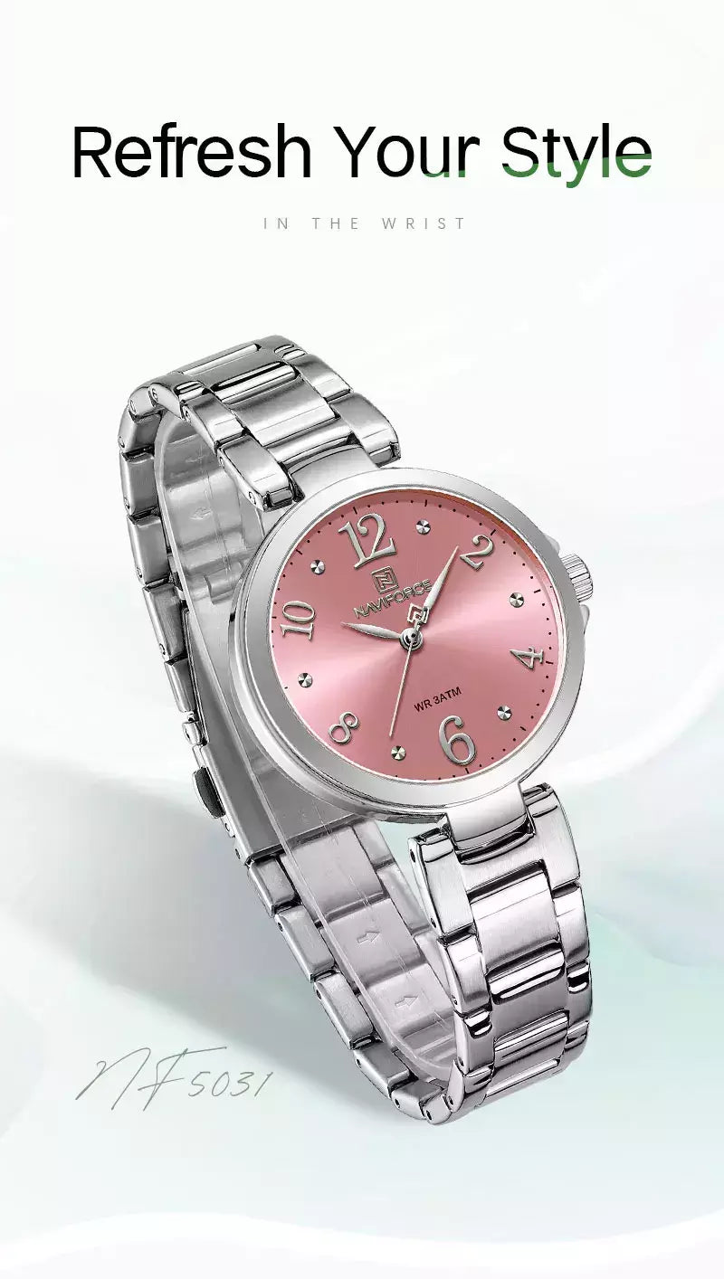 Naviforce relógio de pulso feminino, pulseira de aço inoxidável, impermeável, quartzo, romântico, marca superior, 2023