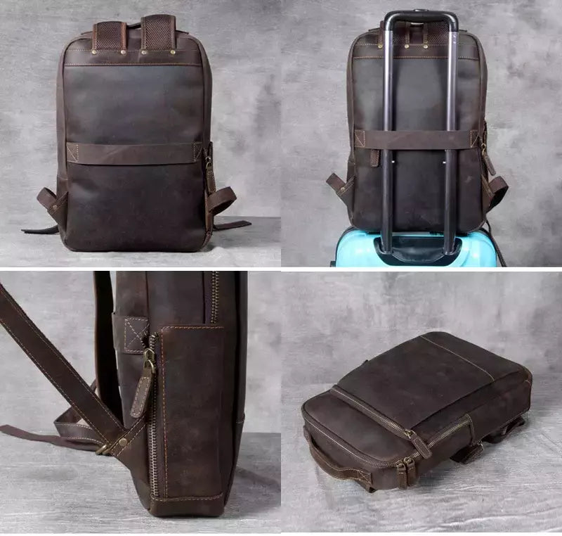 Mochila de couro genuíno para homens, cavalo louco vintage mochila para laptop grande mochila diária mochila de viagem mochila para caminhadas