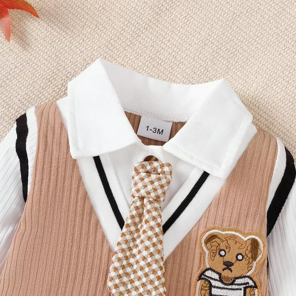 Bebê menino pequeno cavalheiro macacão dos desenhos animados urso de pelúcia mangas compridas macacão para 0-18 meses trajes de festa de aniversário do bebê meninos