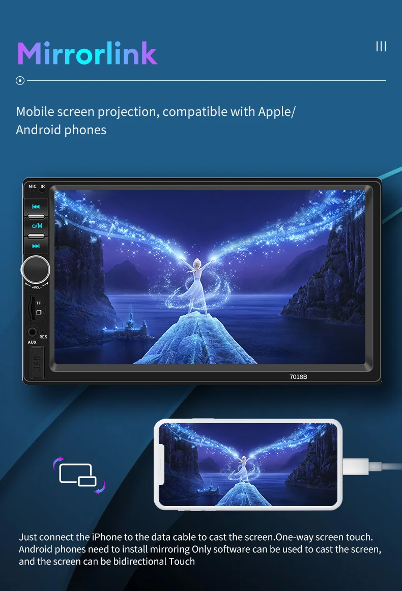 Acodo-Wired Carplay Stereo com Tela Sensível ao Toque, Multimídia Automotiva, Bluetooth, USB, TF, Rádio FM, Autoradio CarMP5 Player, 7in, 2Din