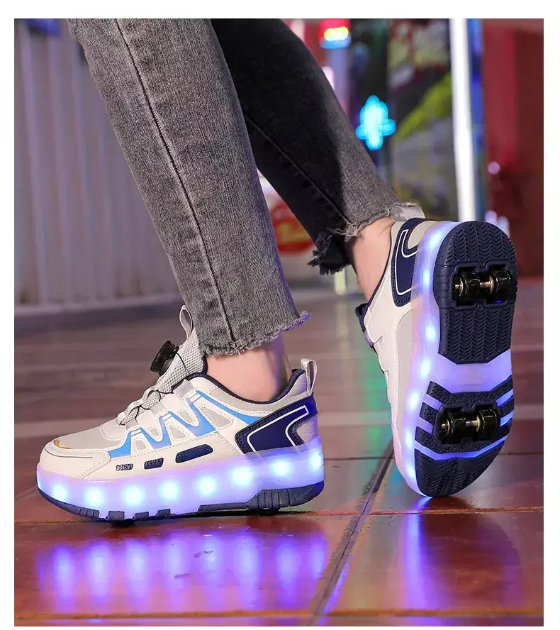 Crianças quatro rodas luminosa brilhante tênis preto rosa led luz rolo sapatos de skate crianças sapatos led meninos meninas carregamento usb