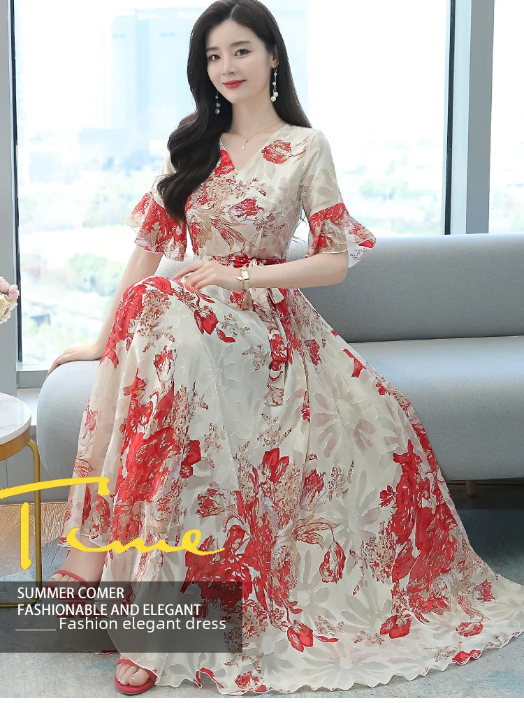 Vestido longo com cintura feminina, elegante vestido emagrecedor, manga curta, na moda