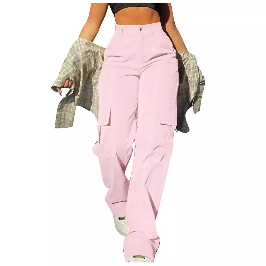 Calça de perna larga feminina, bolso com aba de rua, detalhes da fivela lateral, calças paraquedas hip hop, moda Y2K