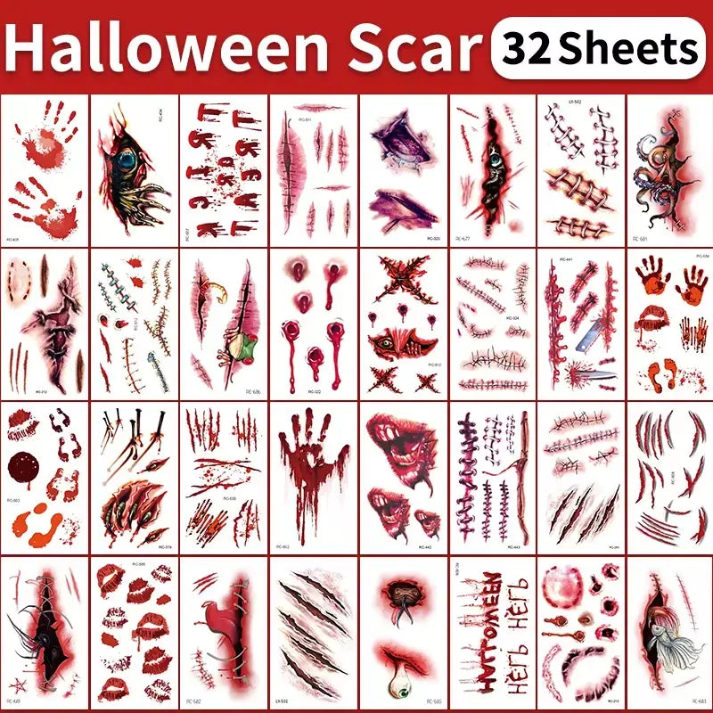 32 peças tatuagens temporárias de cicatriz falsa 3D de Halloween - designs de feridas sangrenas e zumbi para rosto/corpo, festa de fantasia, brincadeira e cosplay ?