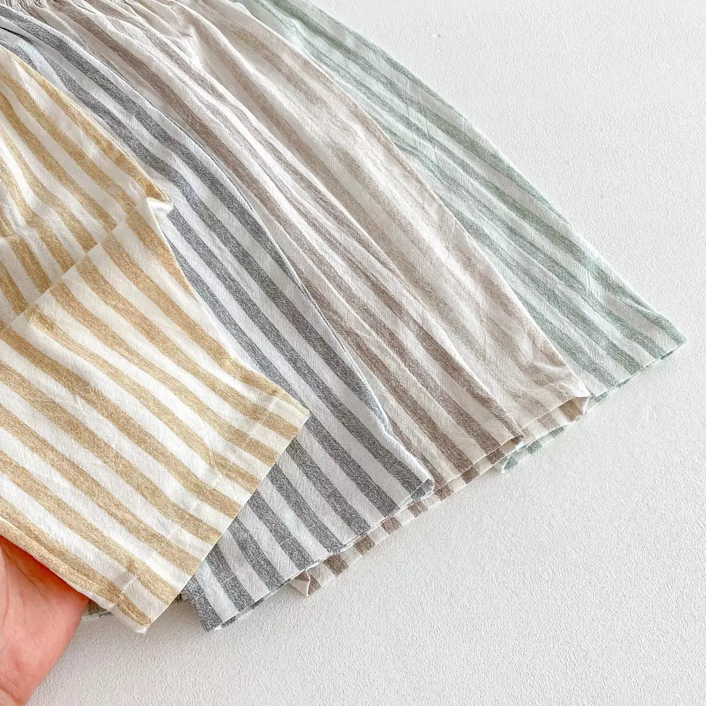 Calças listradas de algodão de linho vintage para meninos casual bolso design elásticos calças de cintura para criança menina roupas crianças