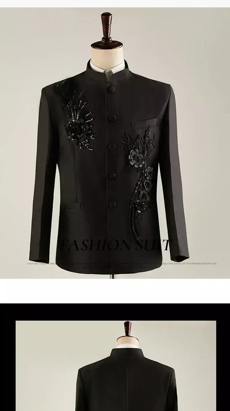 (Jaqueta + calça) moda masculina palco desempenho vestido ternos 2025 novo masculino estilo chinês levante-se colarinho decalque blazer e calças
