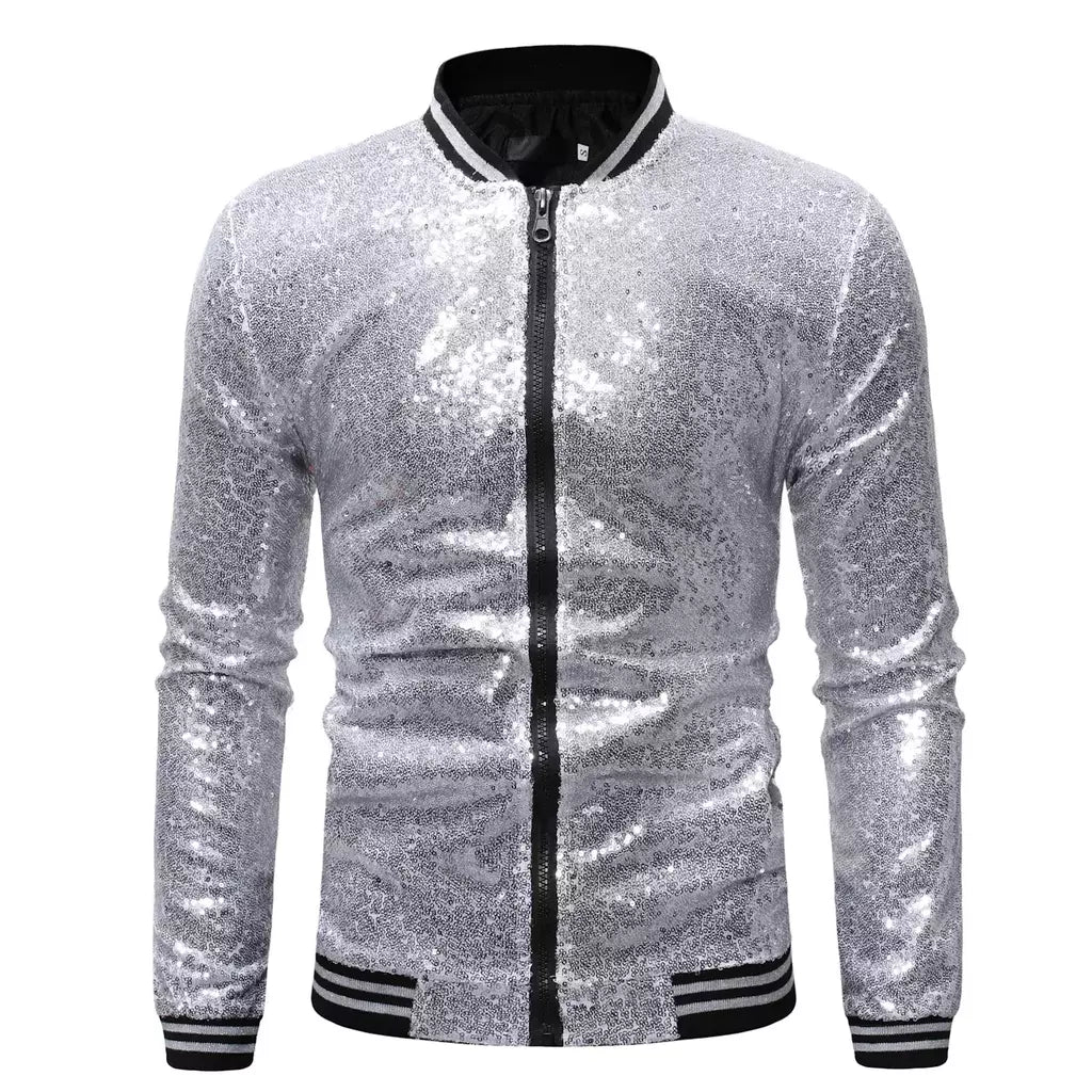 Brilhante Sequins Sparkle Bomber Jacket Homens 2023 Mais Novo Ouro Glitter Listrado Zipper Mens Jaquetas E Casacos Festa Dance Show Roupas