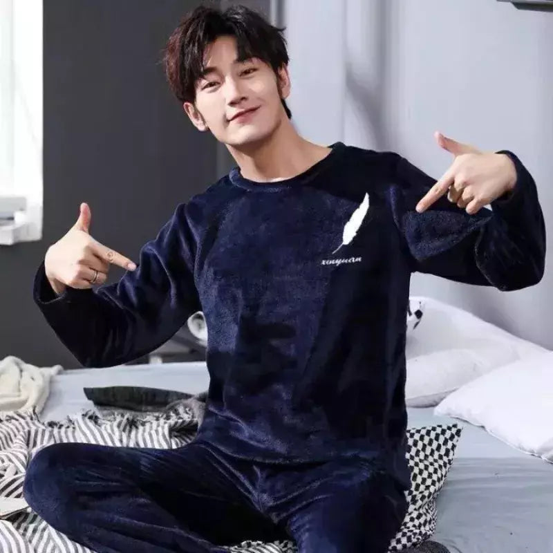 Pijama de lã coral masculino de 2 peças, gola redonda, manga comprida, conjuntos lounge, terno doméstico, impressão de moda, outono, inverno, homem, novo