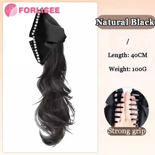 Forlisee peruca de rabo de cavalo de borboleta sintética feminina em camadas onda curl garra clipe de rabo de cavalo alto retro pérola peruca trança
