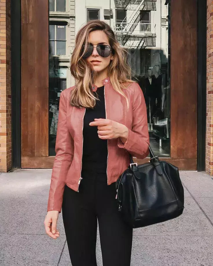 Jaqueta de couro PU feminina com zíper, casaco manga comprida, jaquetas de motociclista, slim fit, monocromática, streetwear casual, moda feminina, outono, Y2K
