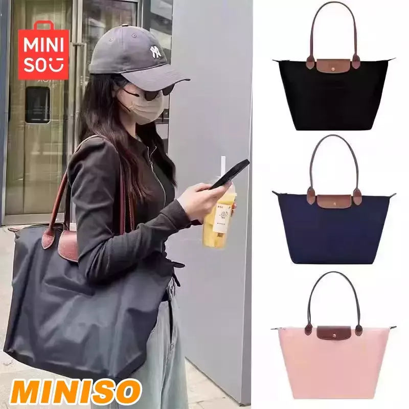 MINISO-Bolsa de Ombro Dobrável Feminina Clássica de Grande Capacidade, Bolsas de Nylon, Moda Casual, Alta Qualidade, Nova, 2024